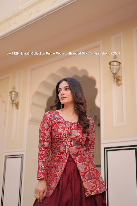 Lw-7129 Navratri Collection Purple Red Non-Branded Stliv Vichitra Lehenga Choli