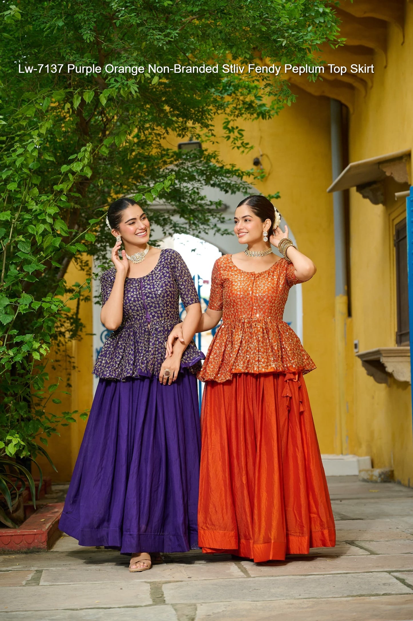 Lw-7137 Purple Orange Non-Branded Stliv Fendy Peplum Top Skirt