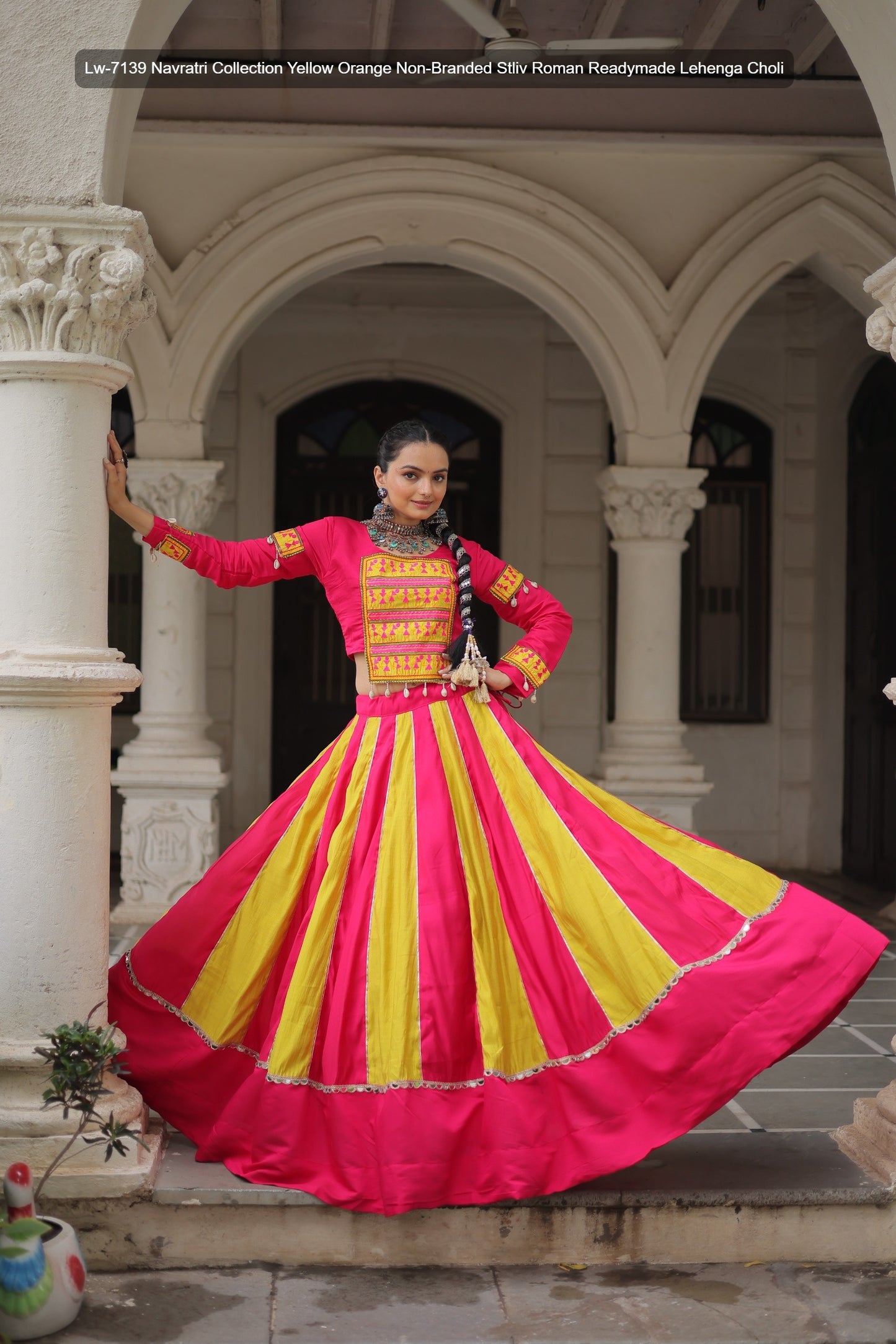 Lw-7139 Navratri Collection Yellow Orange Non-Branded Stliv Roman Readymade Lehenga Choli