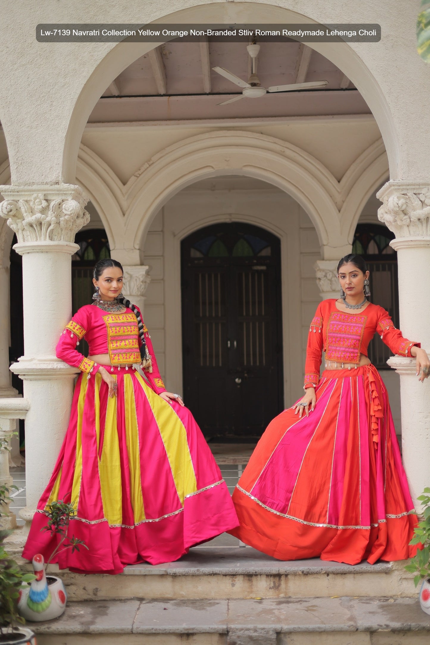 Lw-7139 Navratri Collection Yellow Orange Non-Branded Stliv Roman Readymade Lehenga Choli