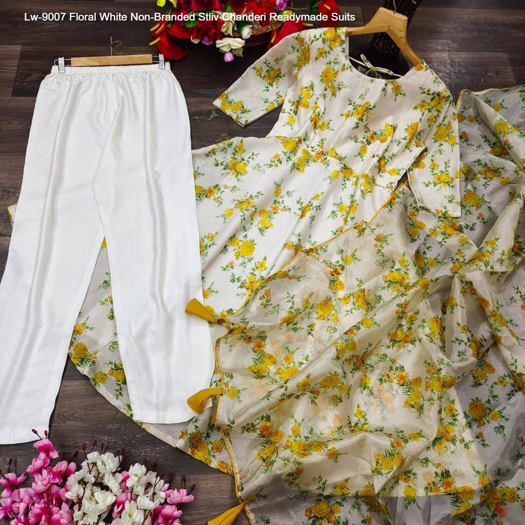 Lw-9007 Floral White Non-Branded Stliv Chanderi Readymade Suits