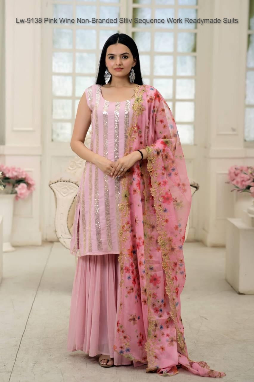 Lw-9138 Pink Wine Non-Branded Stliv Sequence Work Readymade Suits