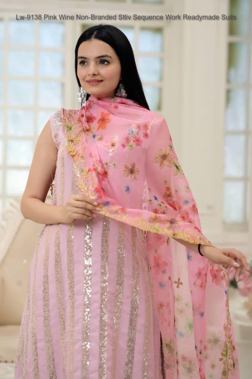 Lw-9138 Pink Wine Non-Branded Stliv Sequence Work Readymade Suits