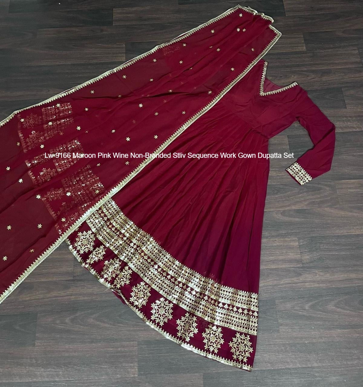 Lw-9166 Maroon Pink Wine Non-Branded Stliv Sequence Work Gown Dupatta Set