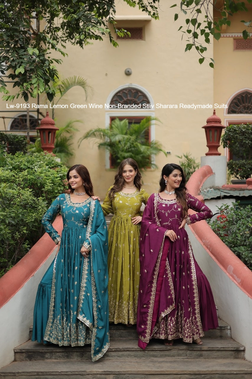 Lw-9193 Rama Lemon Green Wine Non-Branded Stliv Sharara Readymade Suits
