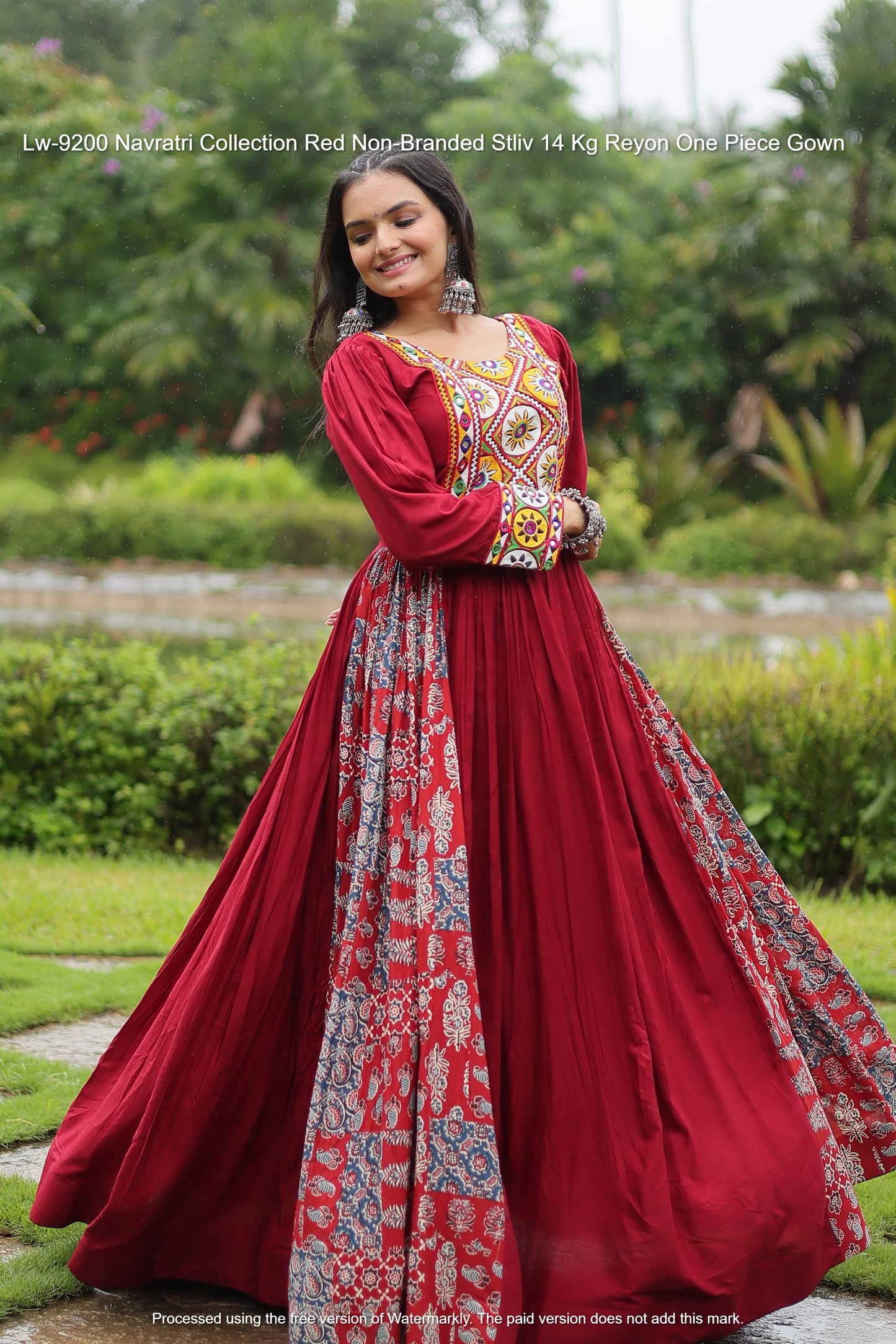 Lw-9200 Navratri Collection Red Non-Branded Stliv 14 Kg Reyon One Piece Gown
