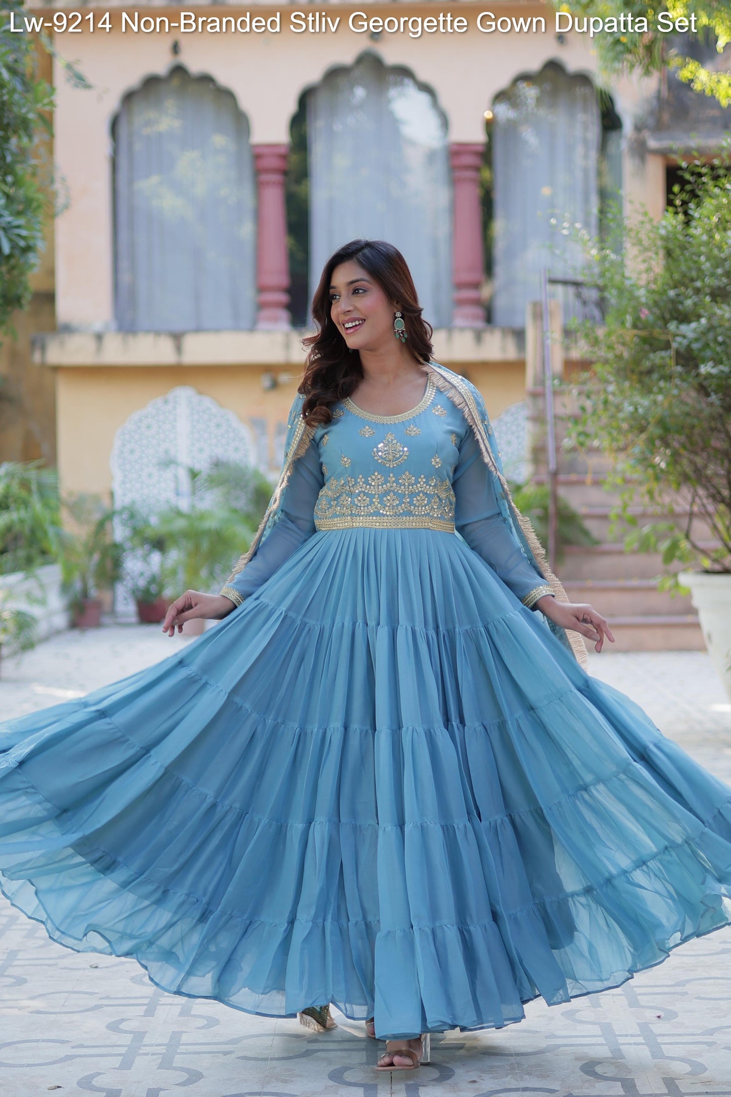 Lw-9214 Non-Branded Stliv Georgette Gown Dupatta Set