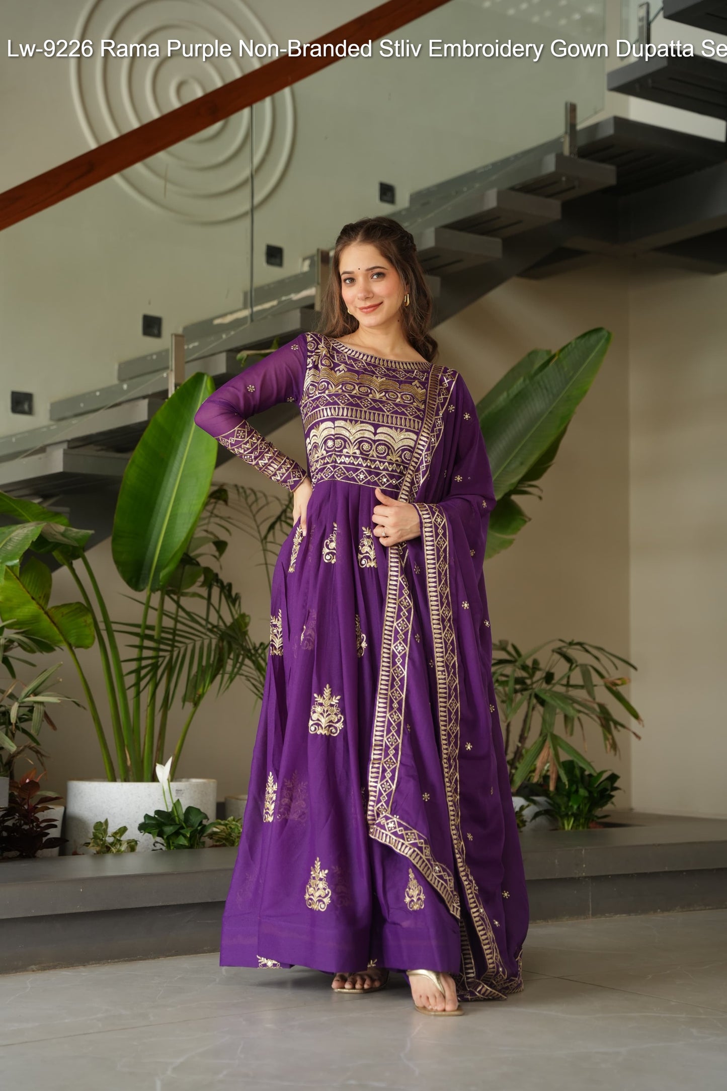 Lw-9226 Rama Purple Non-Branded Stliv Embroidery Gown Dupatta Set