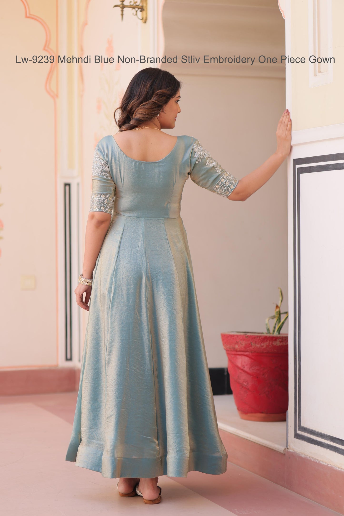 Lw-9239 Mehndi Blue Non-Branded Stliv Embroidery One Piece Gown