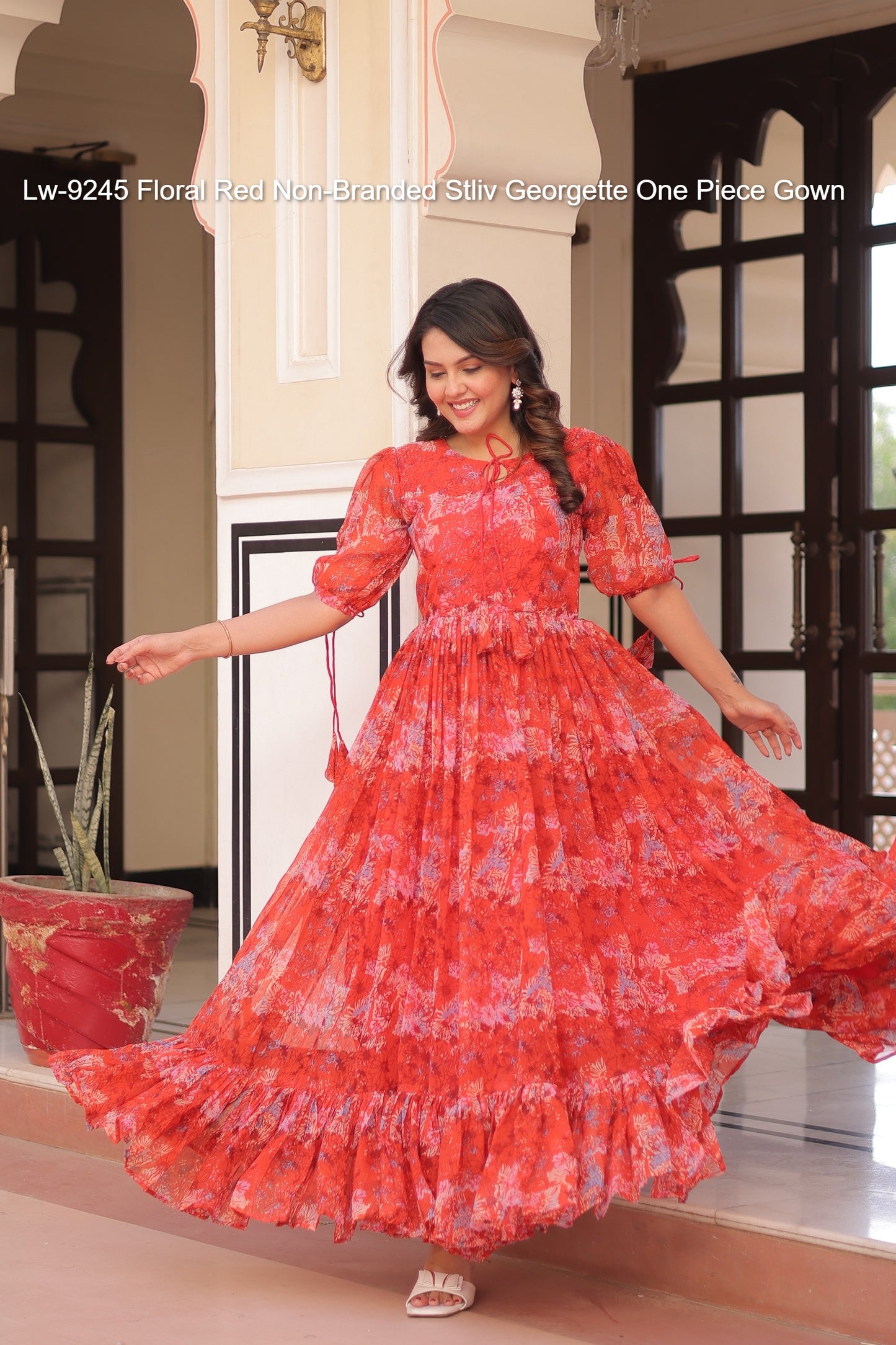 Lw-9245 Floral Red Non-Branded Stliv Georgette One Piece Gown