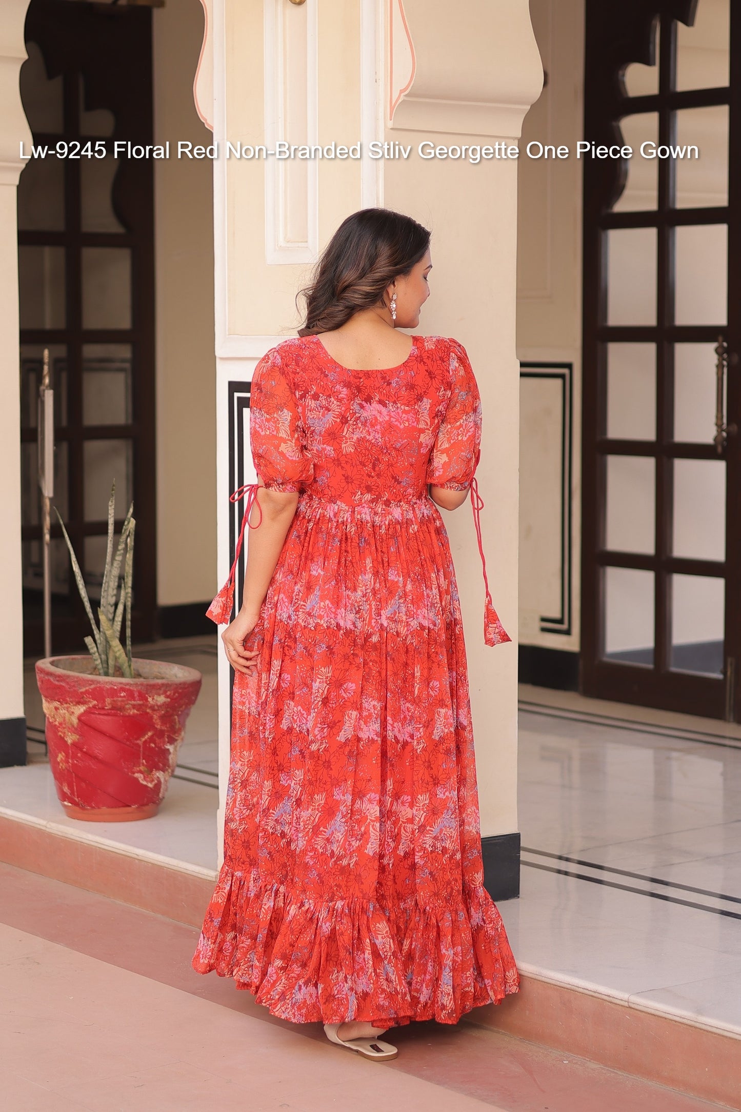 Lw-9245 Floral Red Non-Branded Stliv Georgette One Piece Gown