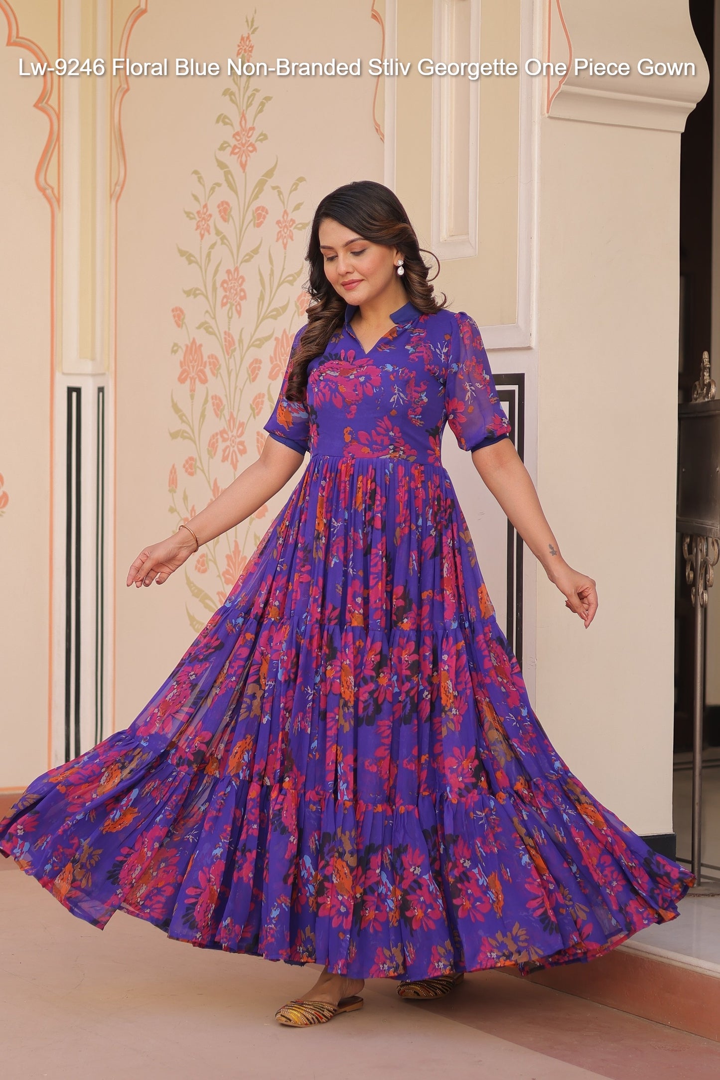 Lw-9246 Floral Blue Non-Branded Stliv Georgette One Piece Gown