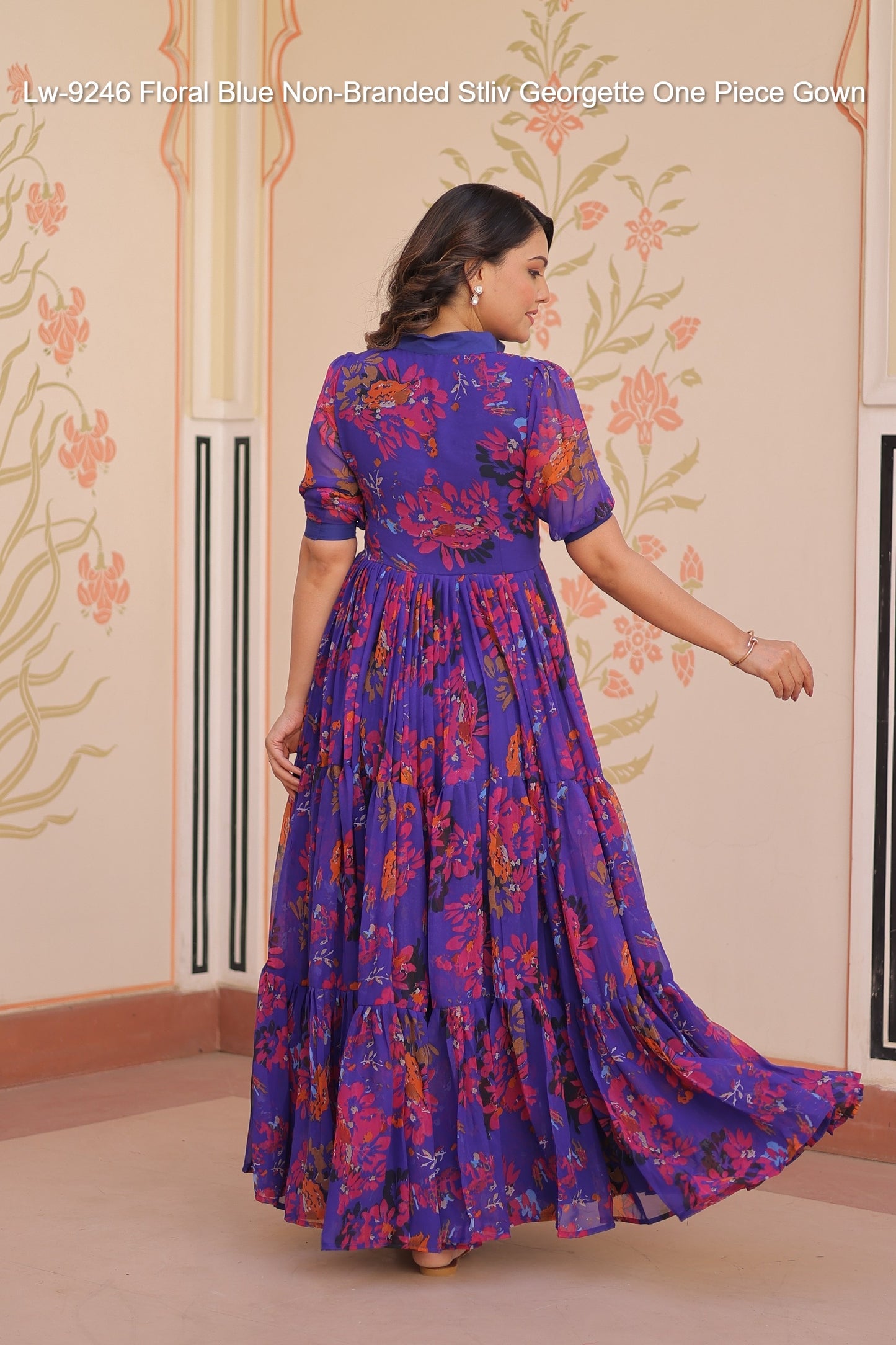Lw-9246 Floral Blue Non-Branded Stliv Georgette One Piece Gown