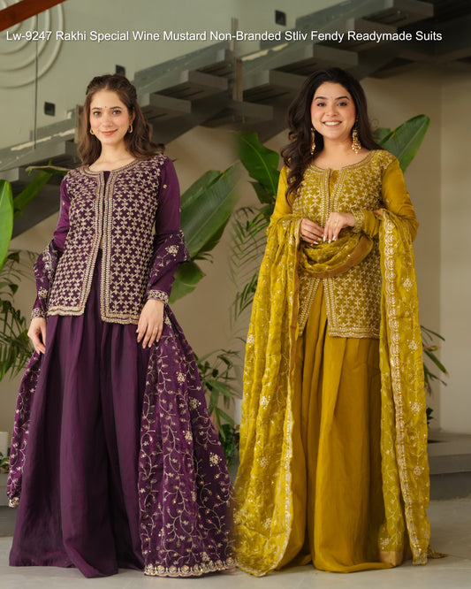 Lw-9247 Rakhi Special Wine Mustard Non-Branded Stliv Fendy Readymade Suits
