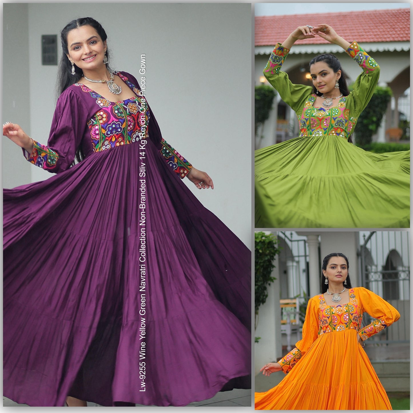 Lw-9255 Wine Yellow Green Navratri Collection Non-Branded Stliv 14 Kg Reyon One Piece Gown