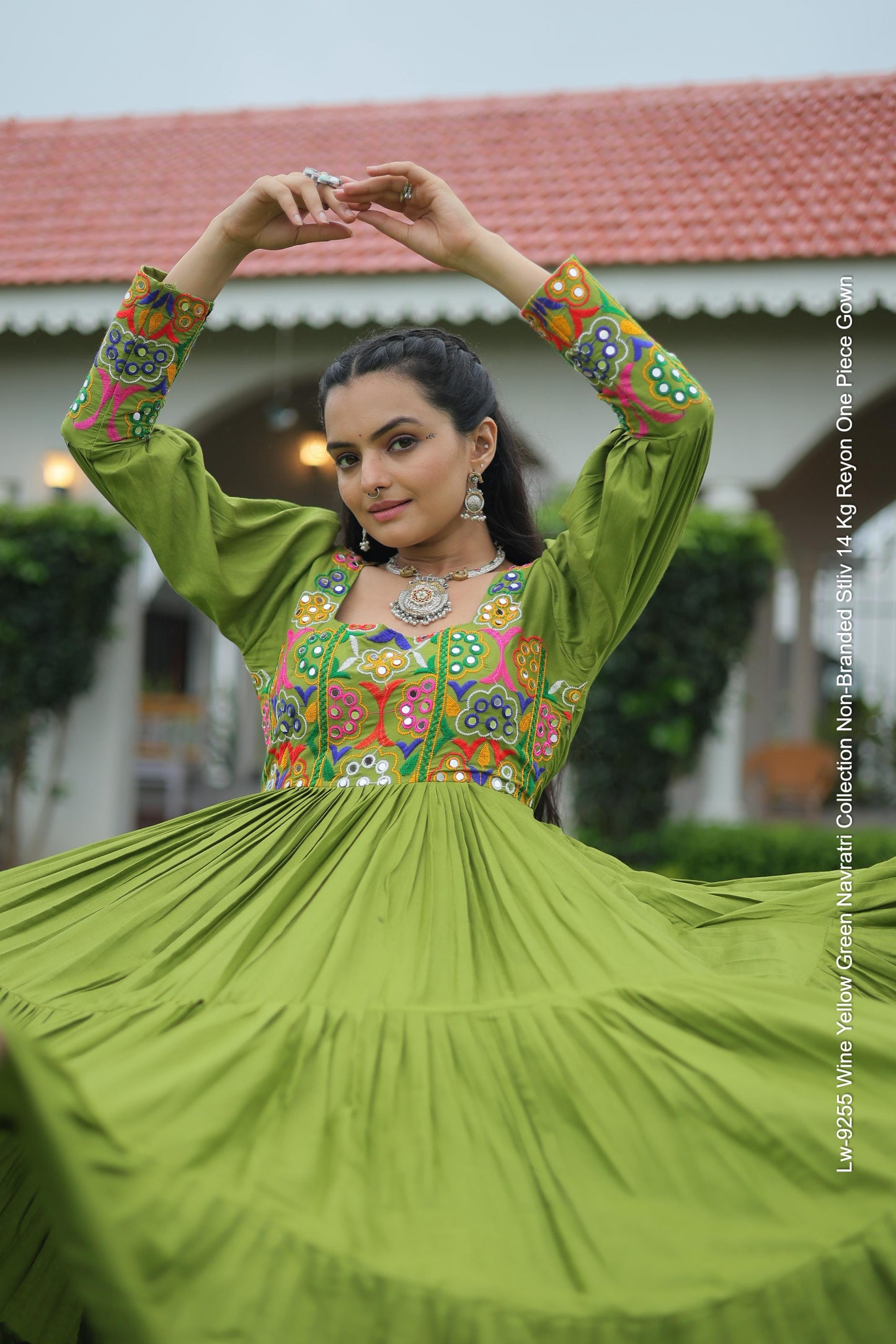 Lw-9255 Wine Yellow Green Navratri Collection Non-Branded Stliv 14 Kg Reyon One Piece Gown