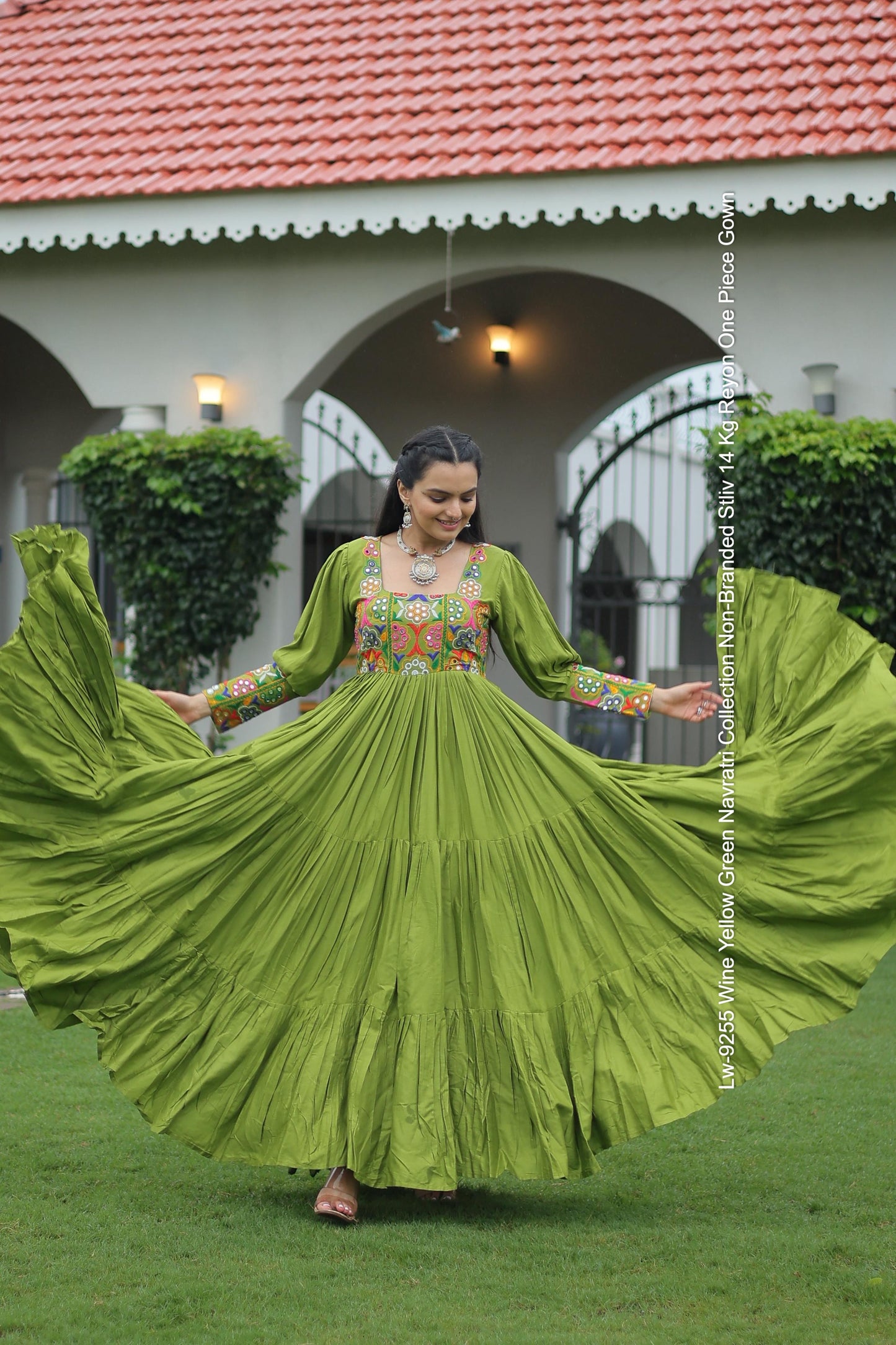 Lw-9255 Wine Yellow Green Navratri Collection Non-Branded Stliv 14 Kg Reyon One Piece Gown