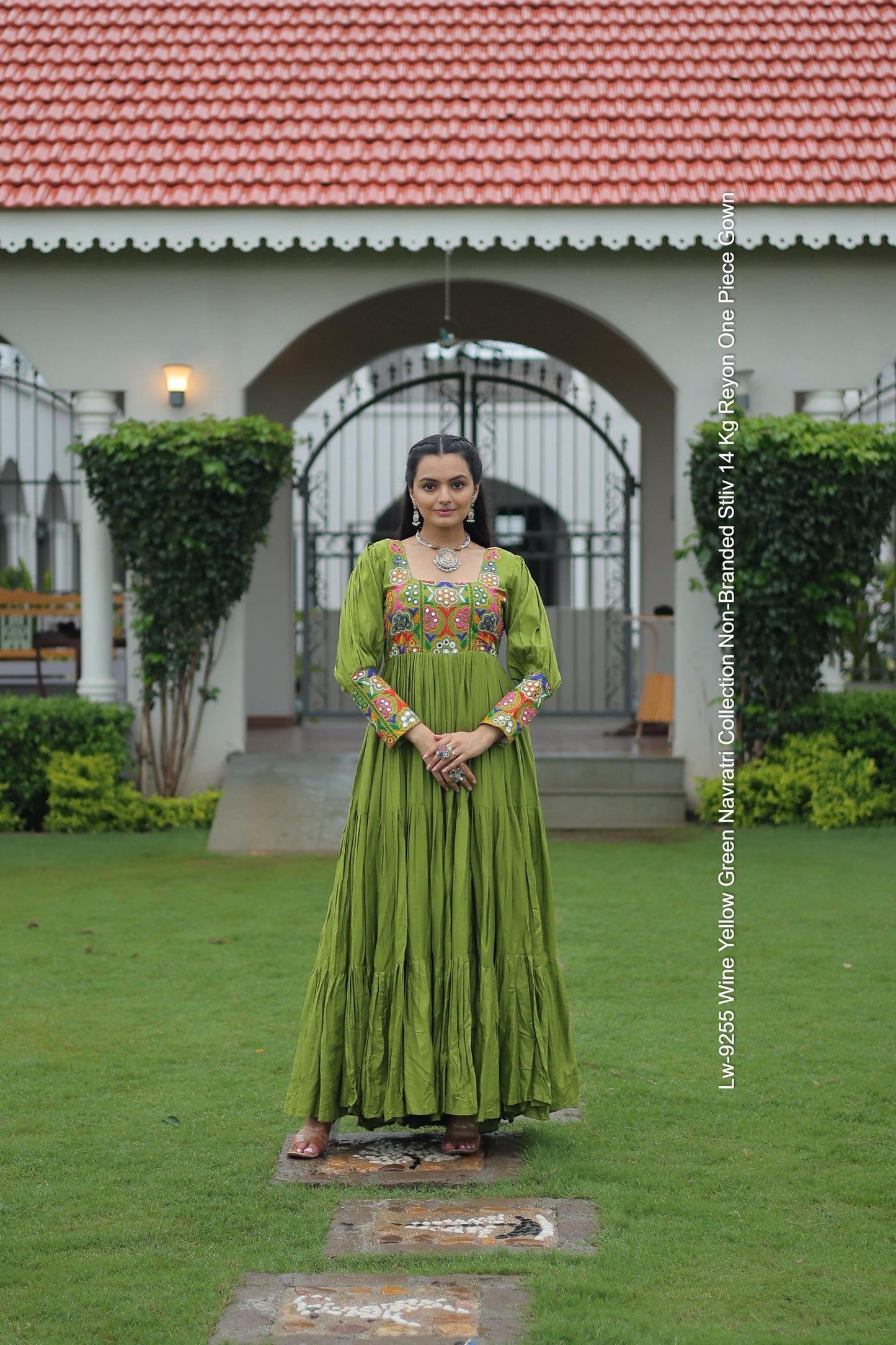 Lw-9255 Wine Yellow Green Navratri Collection Non-Branded Stliv 14 Kg Reyon One Piece Gown