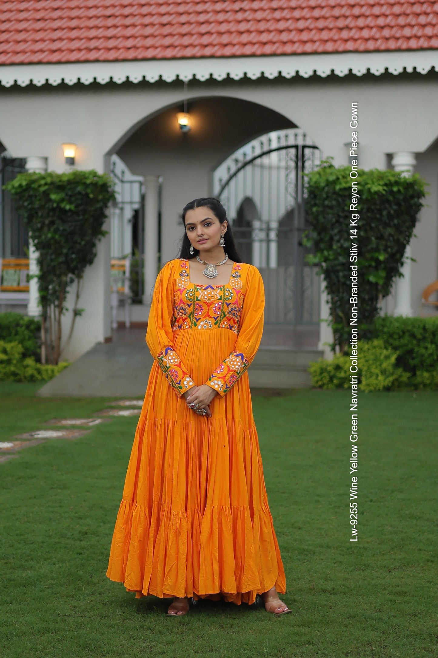 Lw-9255 Wine Yellow Green Navratri Collection Non-Branded Stliv 14 Kg Reyon One Piece Gown