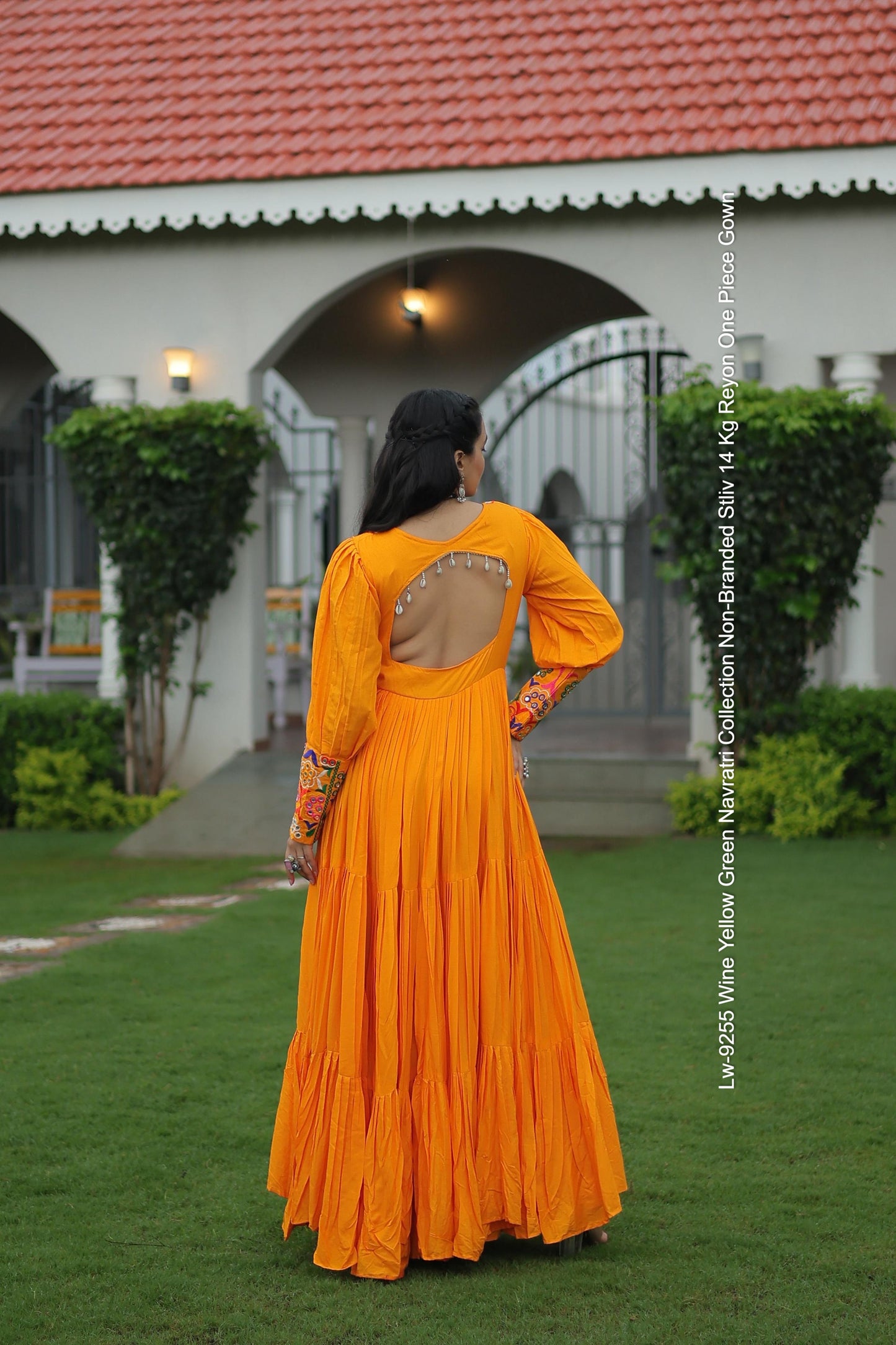 Lw-9255 Wine Yellow Green Navratri Collection Non-Branded Stliv 14 Kg Reyon One Piece Gown