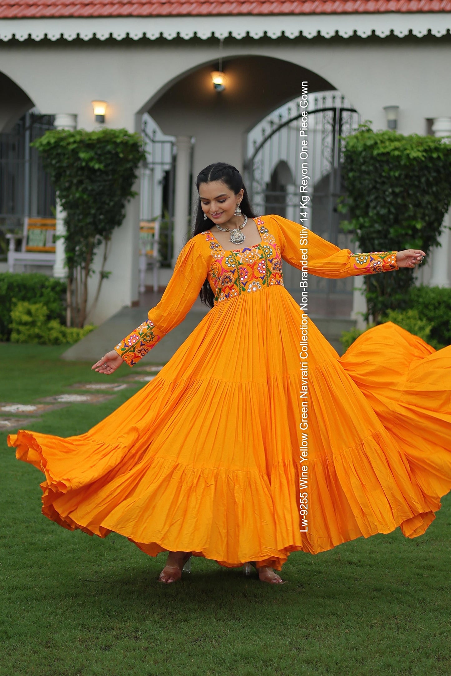 Lw-9255 Wine Yellow Green Navratri Collection Non-Branded Stliv 14 Kg Reyon One Piece Gown