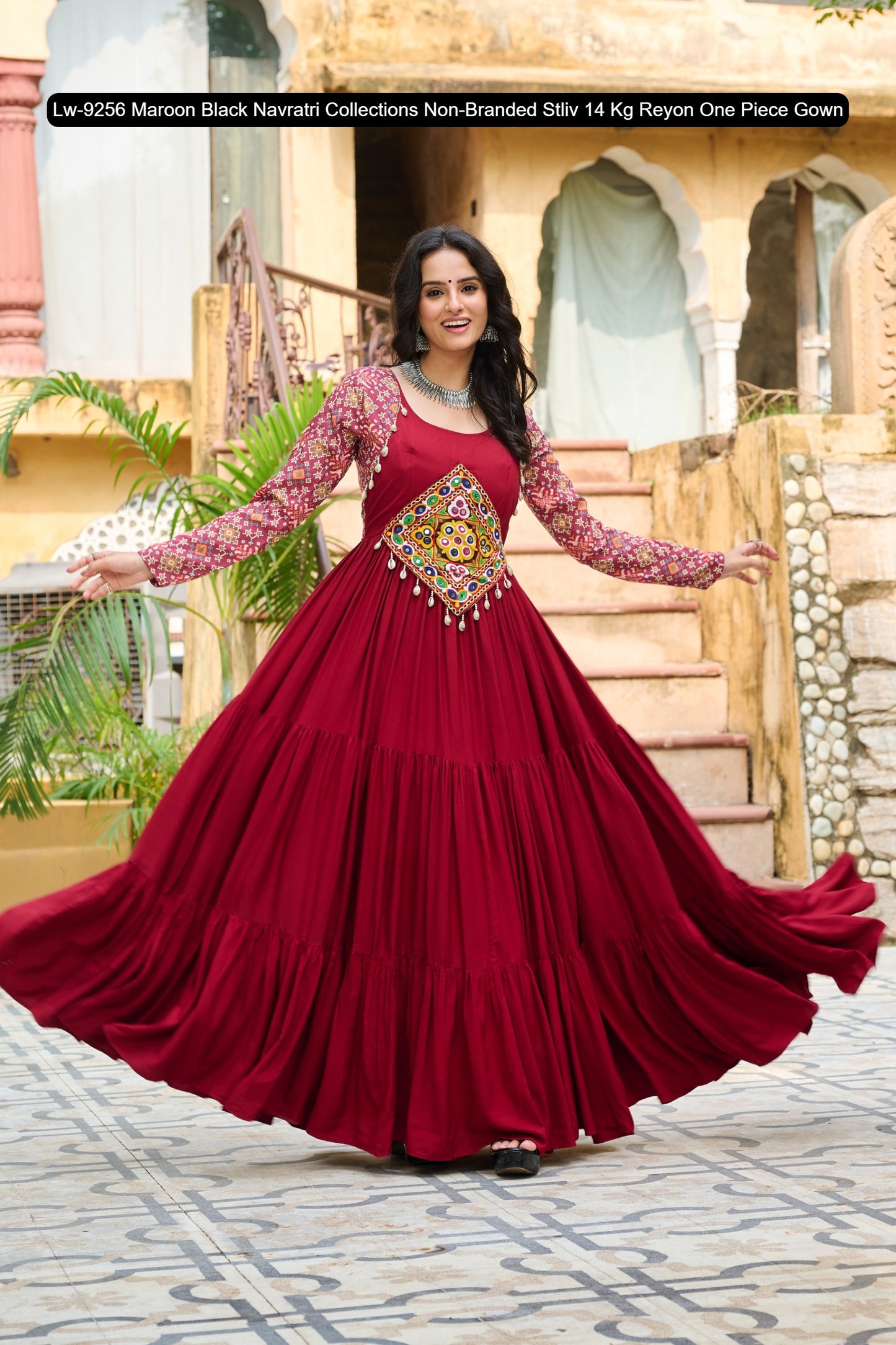 Lw-9256 Maroon Black Navratri Collections Non-Branded Stliv 14 Kg Reyon One Piece Gown