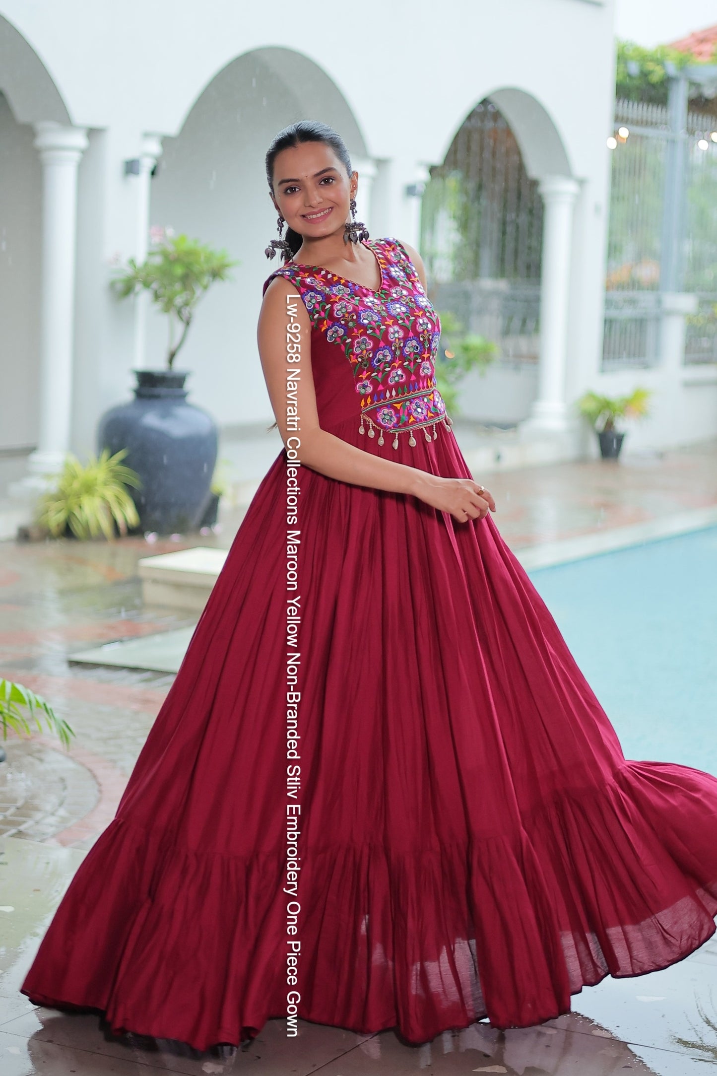 Lw-9258 Navratri Collections Maroon Yellow Non-Branded Stliv Embroidery One Piece Gown