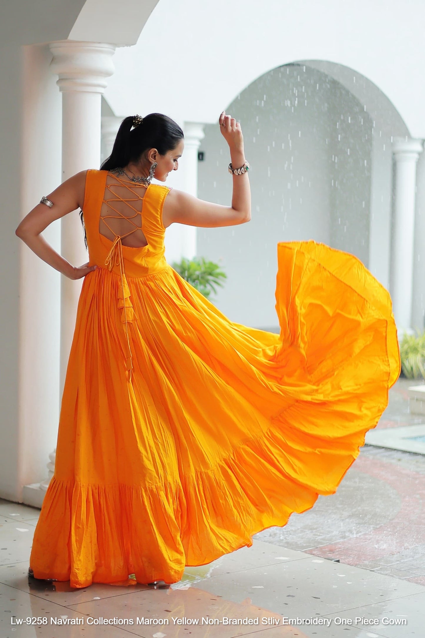 Lw-9258 Navratri Collections Maroon Yellow Non-Branded Stliv Embroidery One Piece Gown