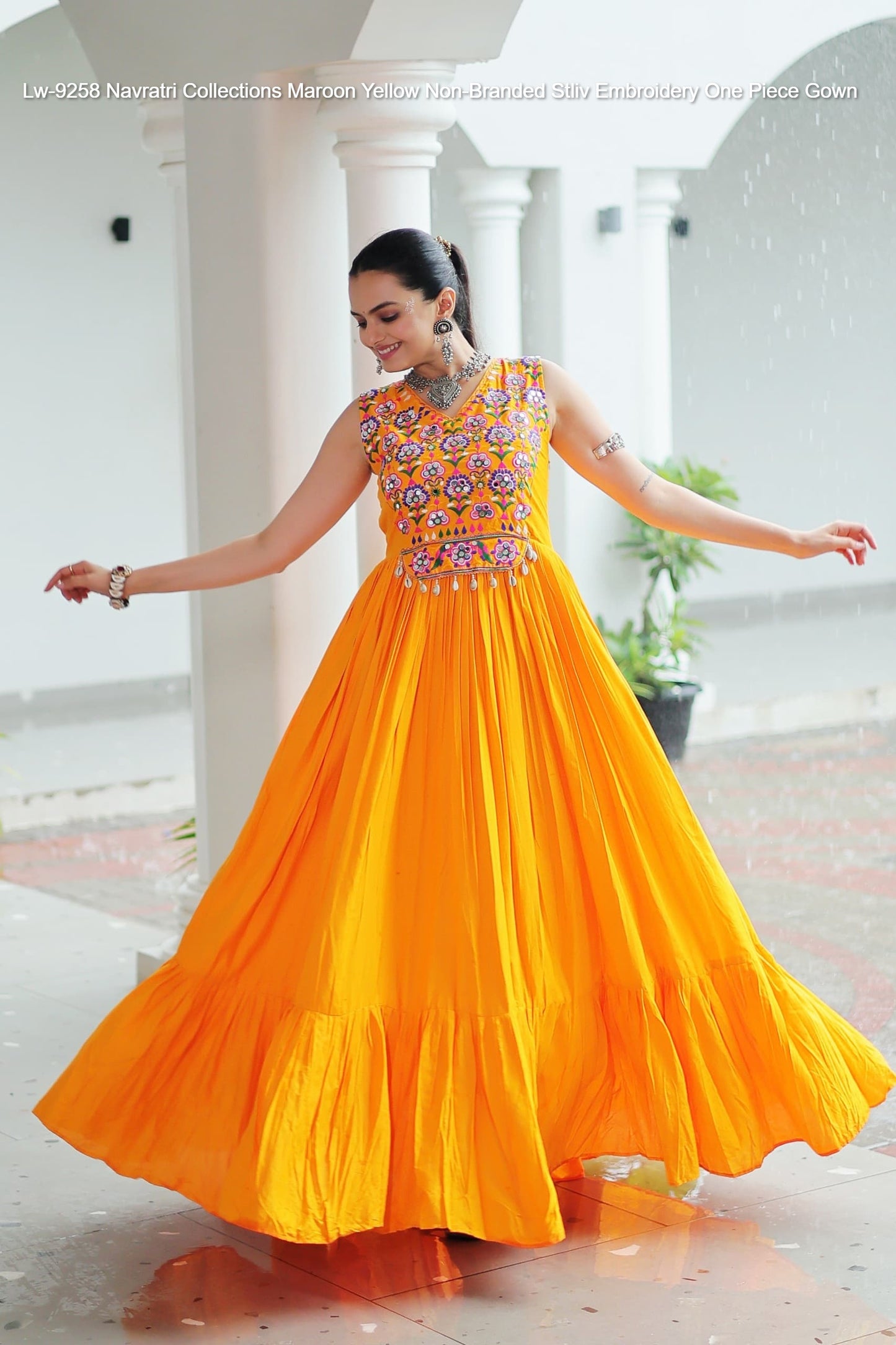 Lw-9258 Navratri Collections Maroon Yellow Non-Branded Stliv Embroidery One Piece Gown