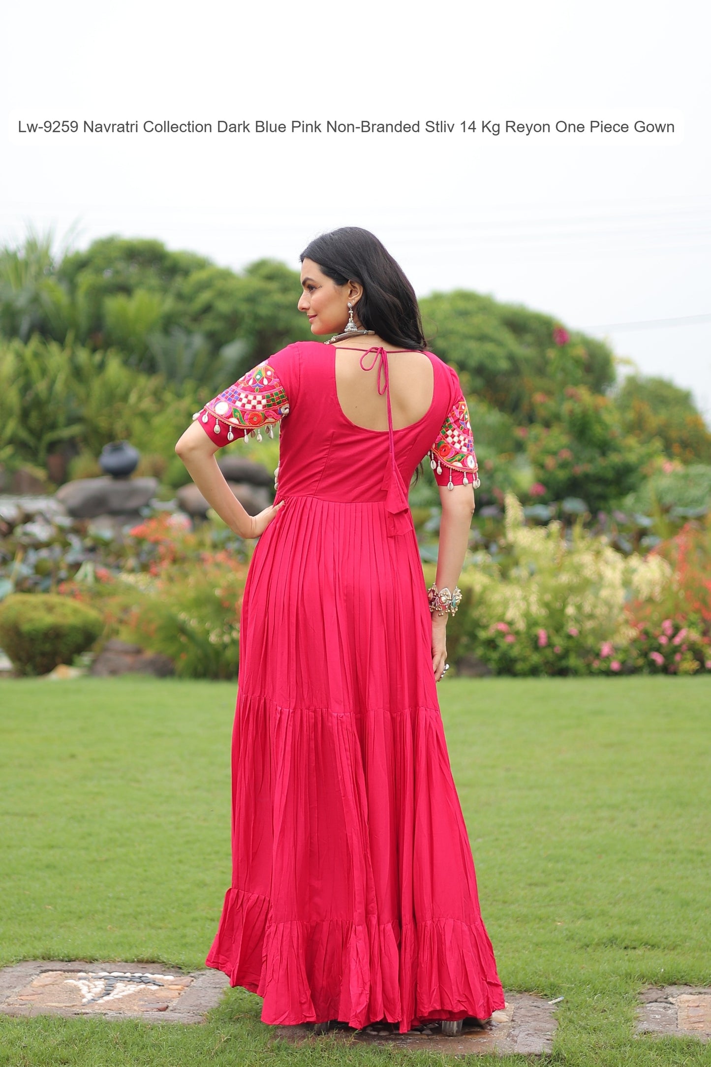 Lw-9259 Navratri Collection Dark Blue Pink Non-Branded Stliv 14 Kg Reyon One Piece Gown