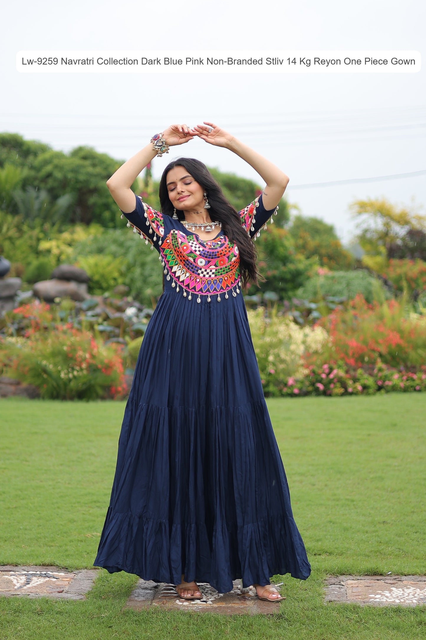 Lw-9259 Navratri Collection Dark Blue Pink Non-Branded Stliv 14 Kg Reyon One Piece Gown