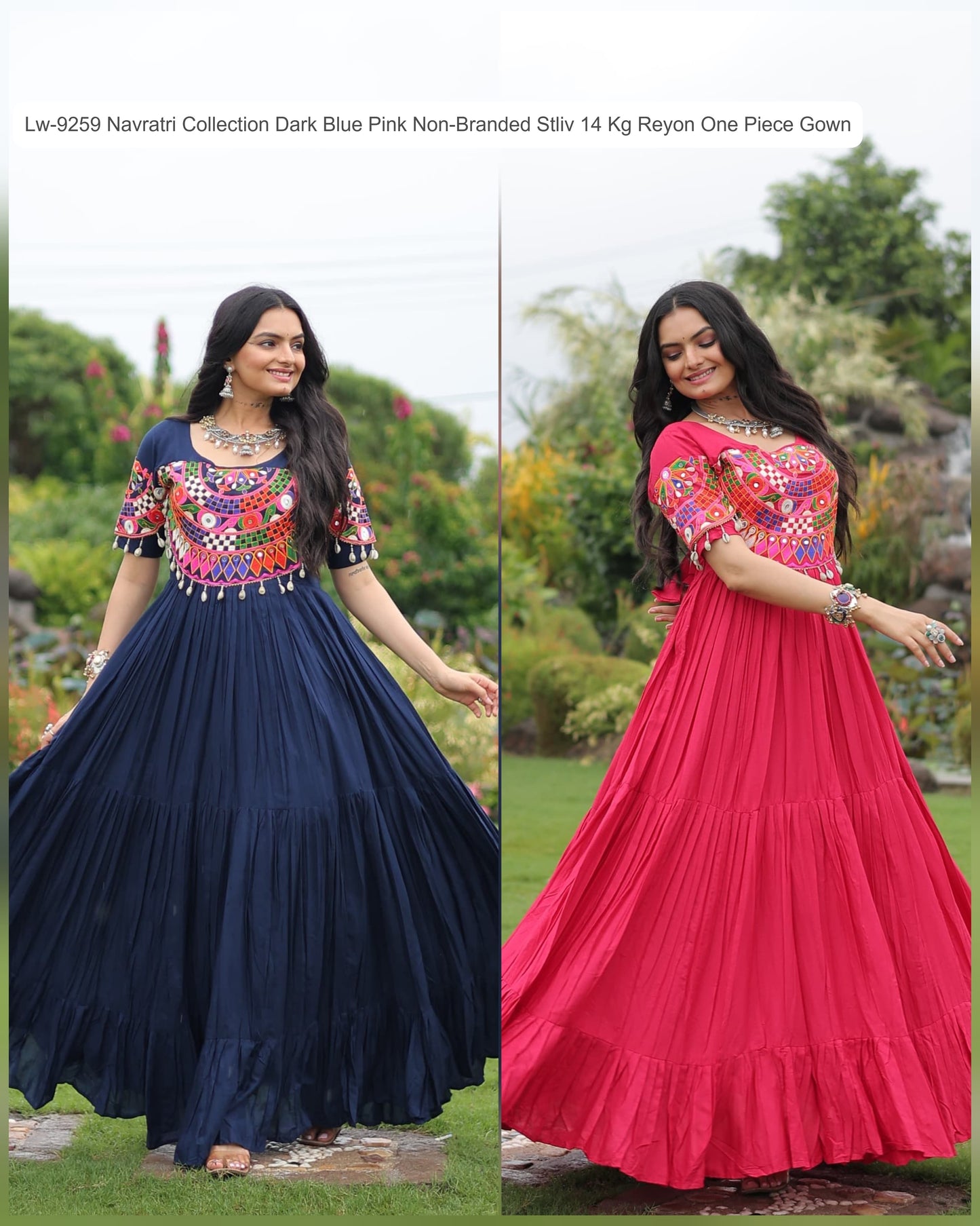 Lw-9259 Navratri Collection Dark Blue Pink Non-Branded Stliv 14 Kg Reyon One Piece Gown
