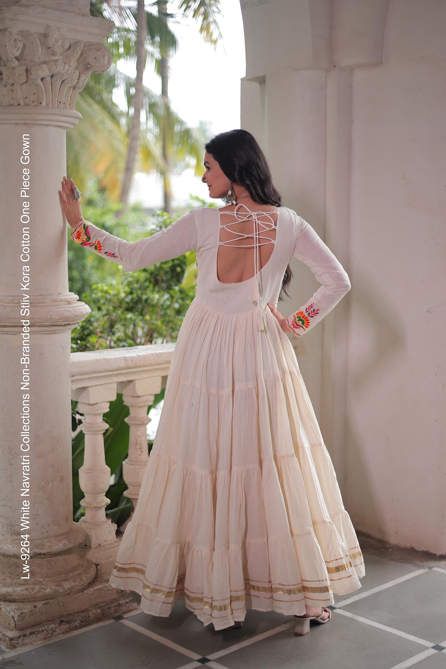 Lw-9264 White Navratri Collections Non-Branded Stliv Kora Cotton One Piece Gown