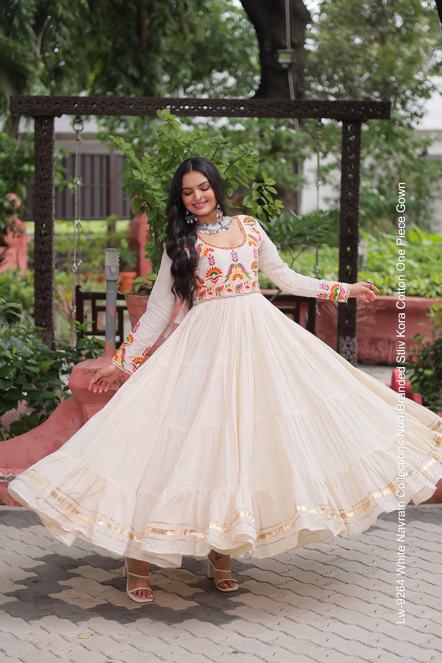 Lw-9264 White Navratri Collections Non-Branded Stliv Kora Cotton One Piece Gown