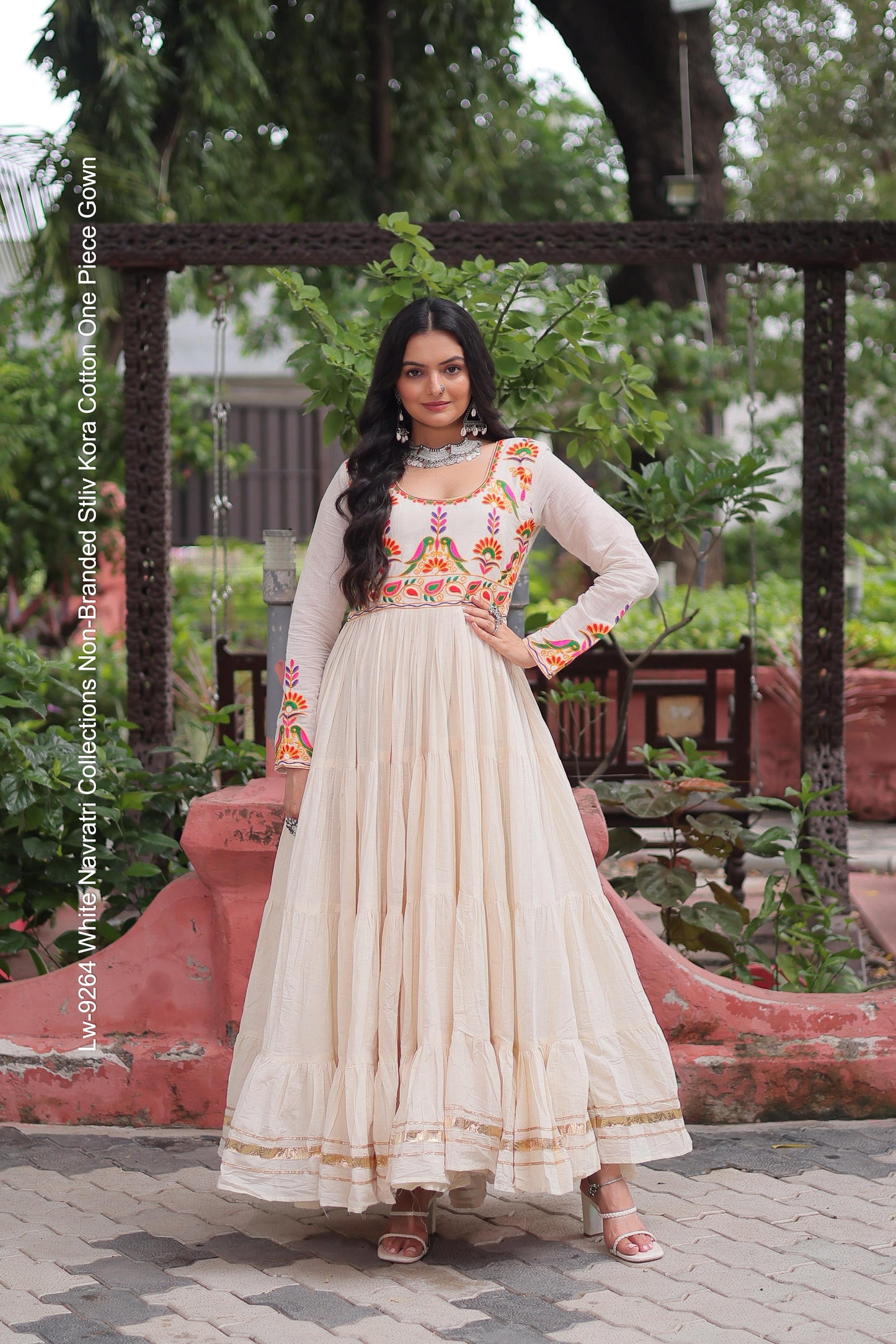 Lw-9264 White Navratri Collections Non-Branded Stliv Kora Cotton One Piece Gown