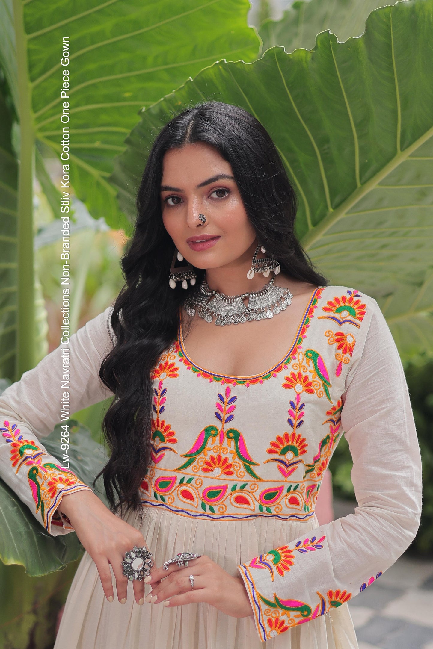 Lw-9264 White Navratri Collections Non-Branded Stliv Kora Cotton One Piece Gown