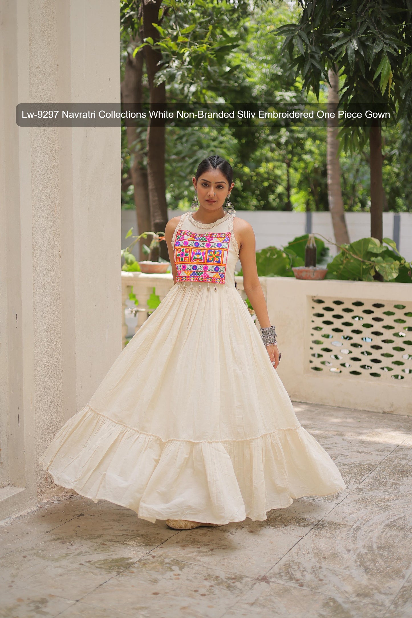 Lw-9297 Navratri Collections White Non-Branded Stliv Embroidered One Piece Gown