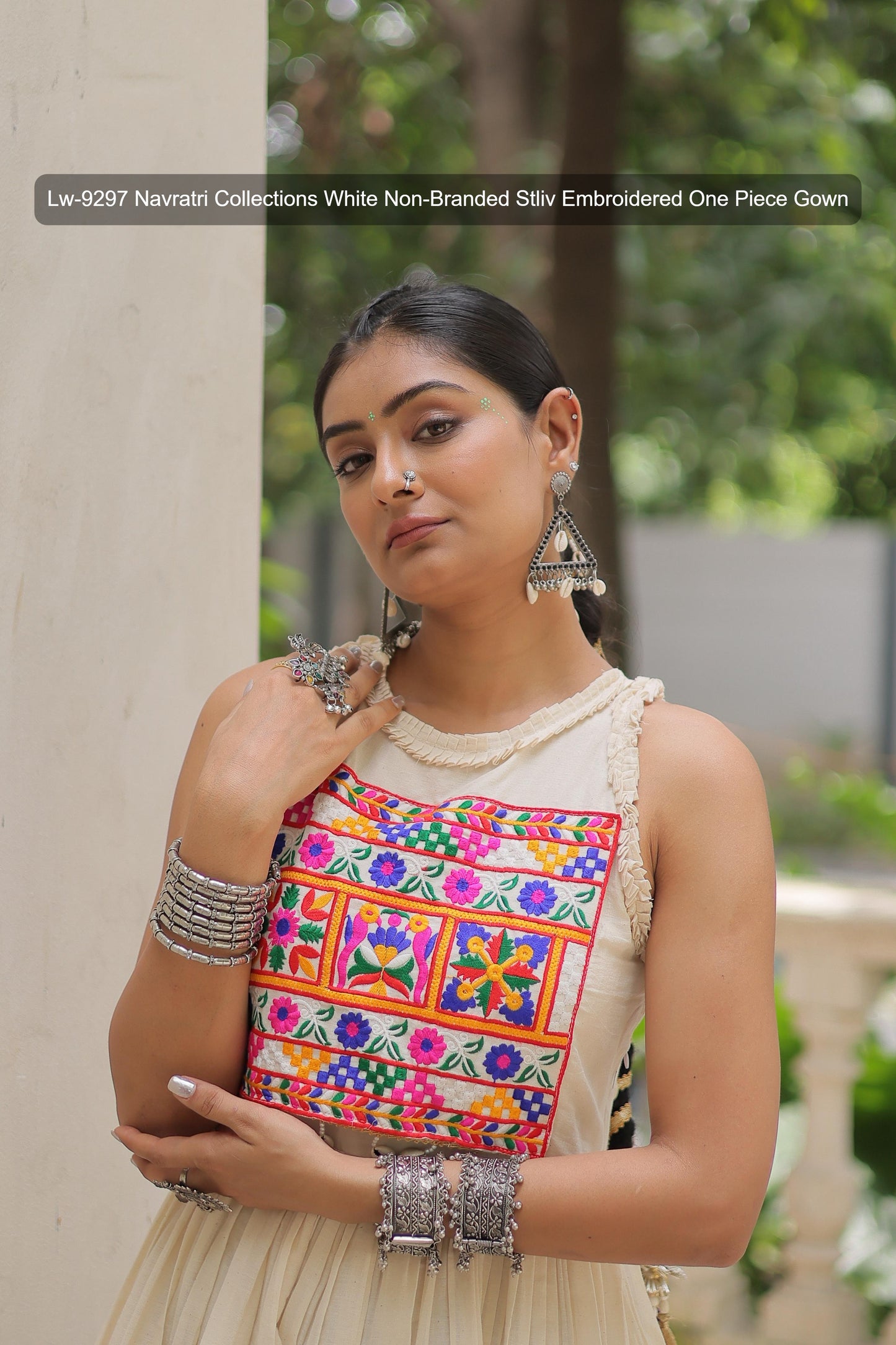 Lw-9297 Navratri Collections White Non-Branded Stliv Embroidered One Piece Gown