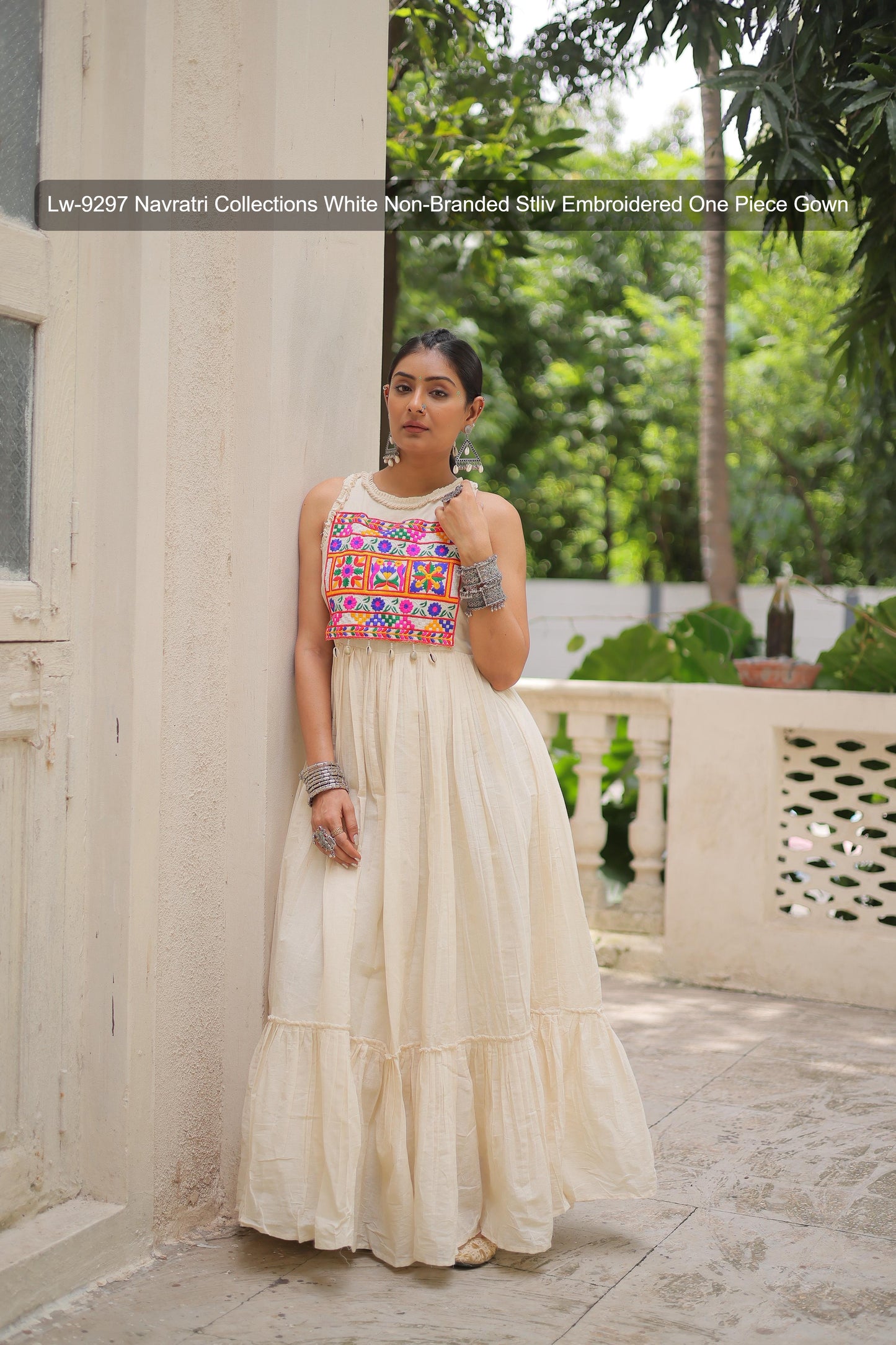 Lw-9297 Navratri Collections White Non-Branded Stliv Embroidered One Piece Gown