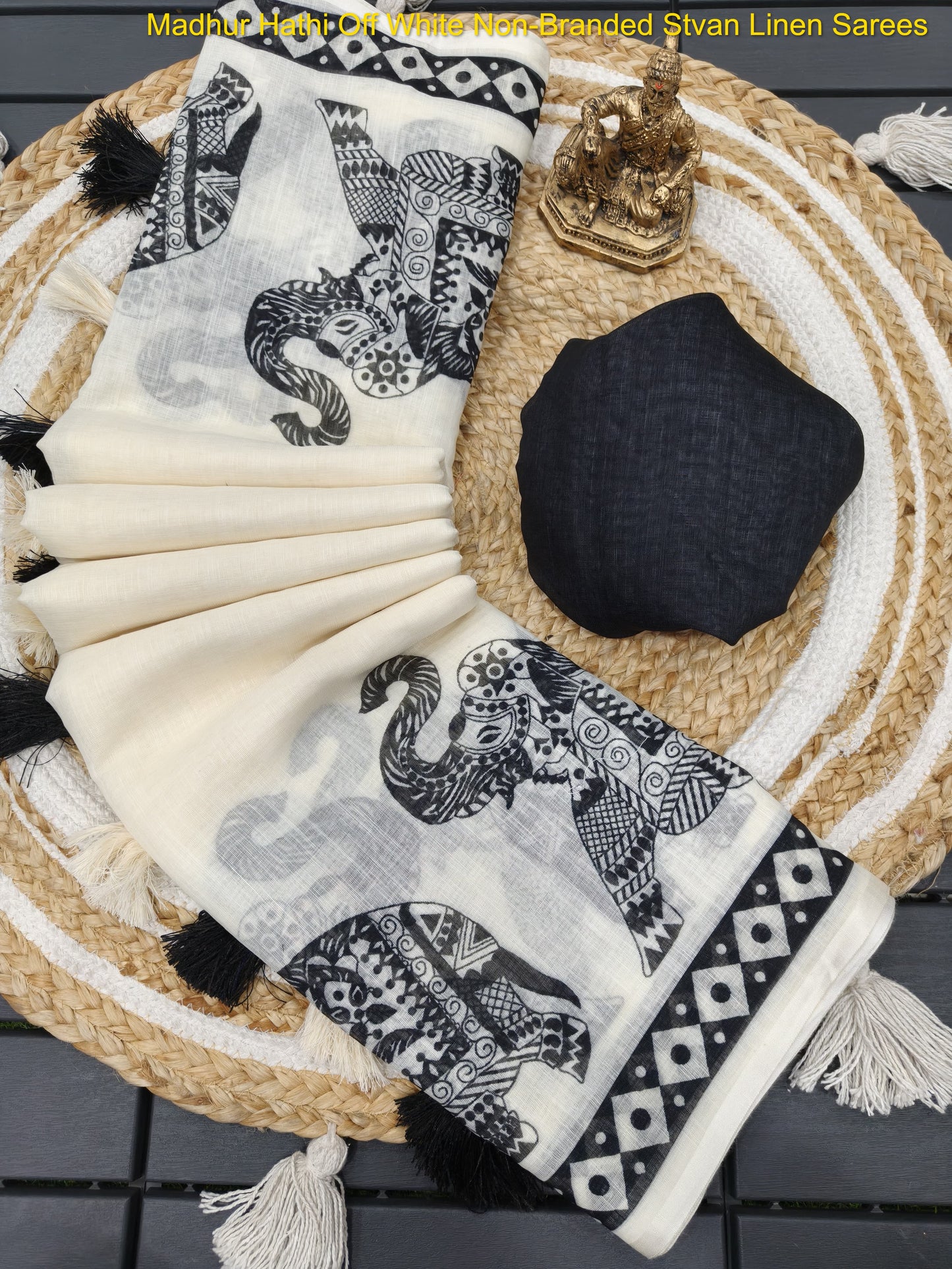 Madhur Hathi Off White Non-Branded Stvan Linen Sarees