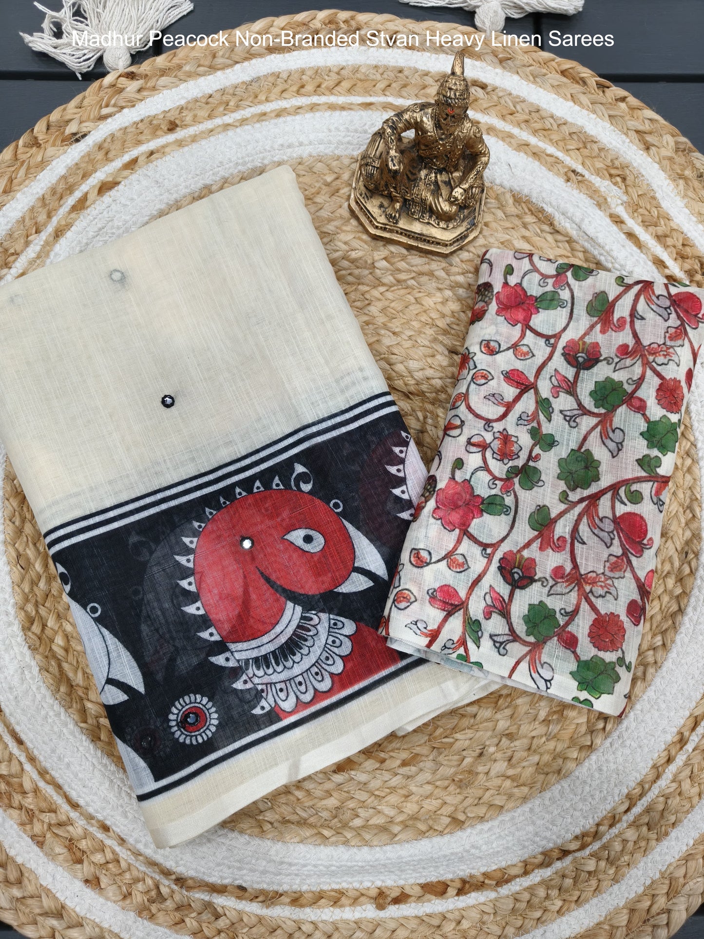 Madhur Peacock Non-Branded Stvan Heavy Linen Sarees