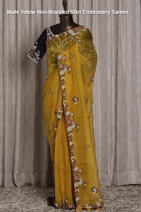 Mahi Yellow Non-Branded Stkri Embroidery Sarees