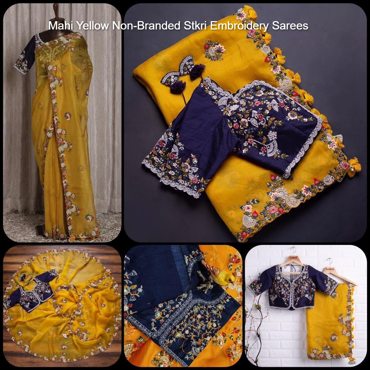 Mahi Yellow Non-Branded Stkri Embroidery Sarees