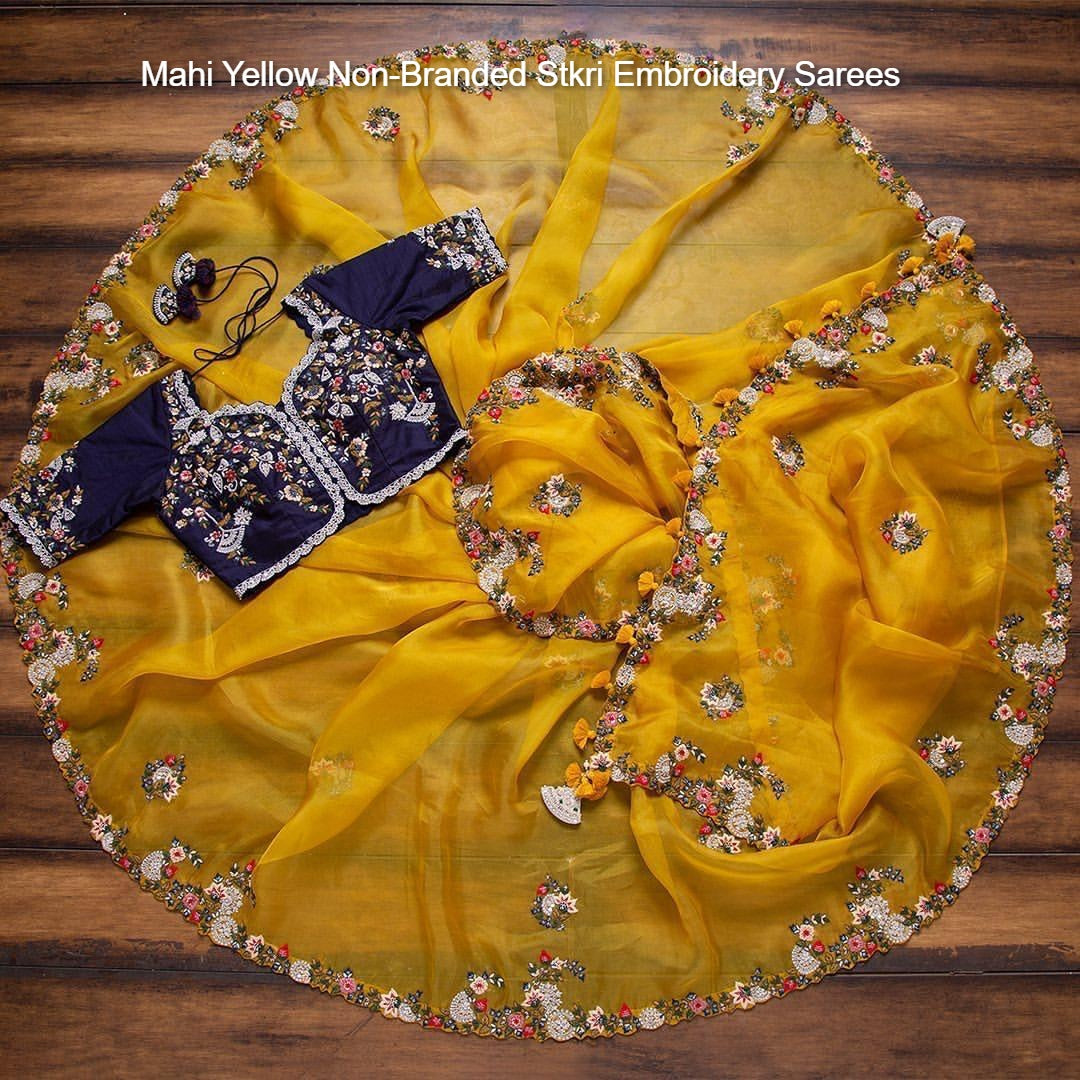 Mahi Yellow Non-Branded Stkri Embroidery Sarees