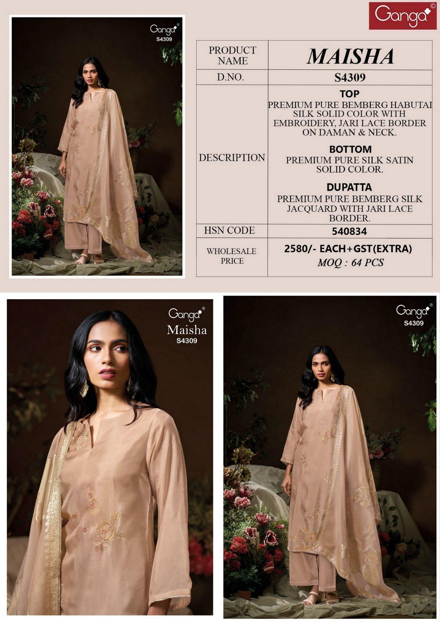 Maisha 4309 Ganga Pure Bemberg Silk Unstitched Suits