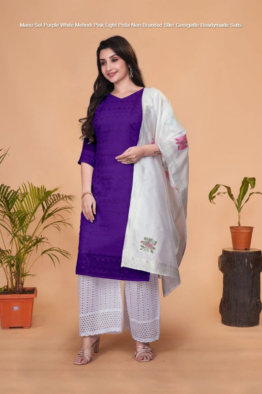 Manu Set Purple White Mehndi Pink Light Pista Non-Branded Stkri Georgette Readymade Suits