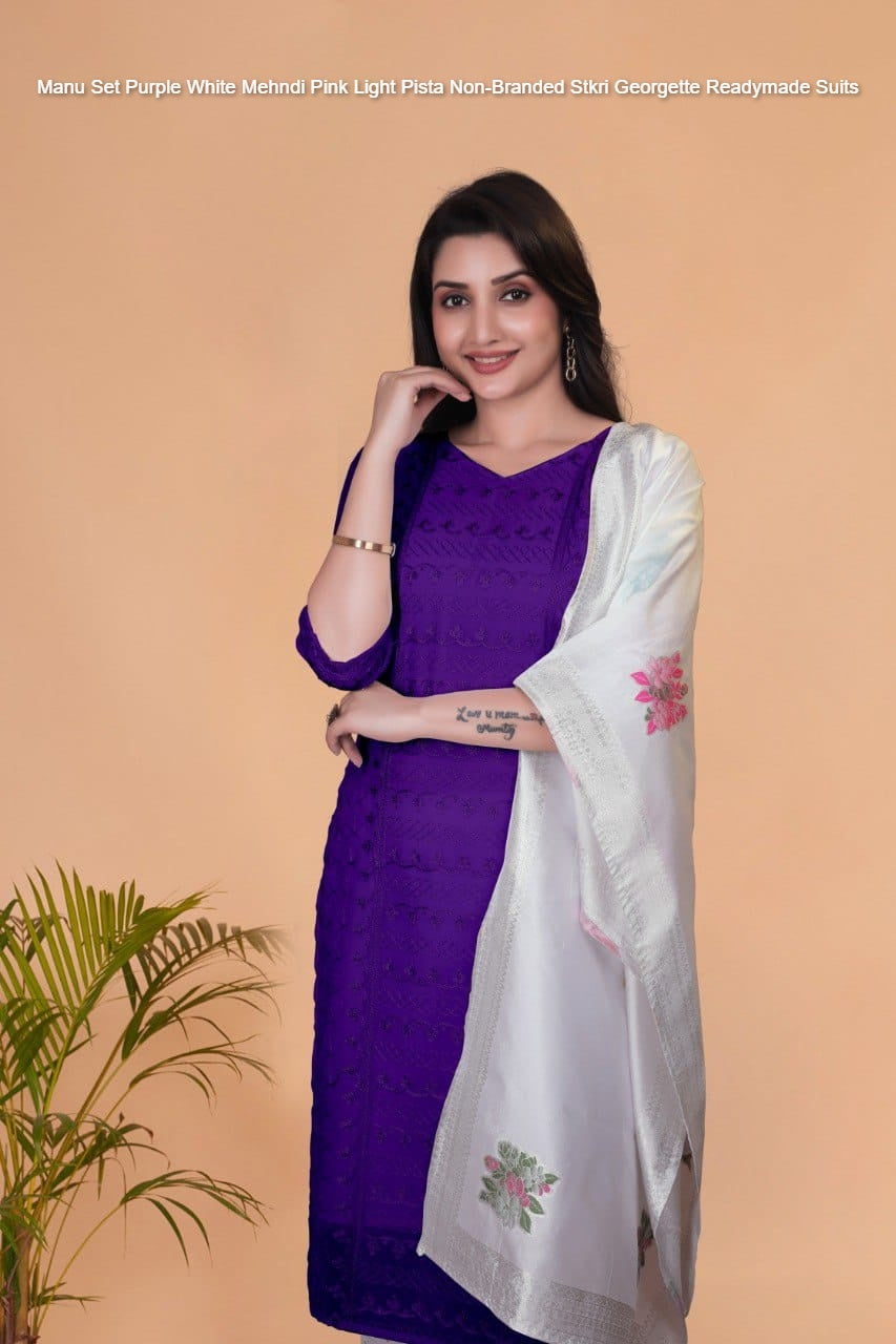 Manu Set Purple White Mehndi Pink Light Pista Non-Branded Stkri Georgette Readymade Suits