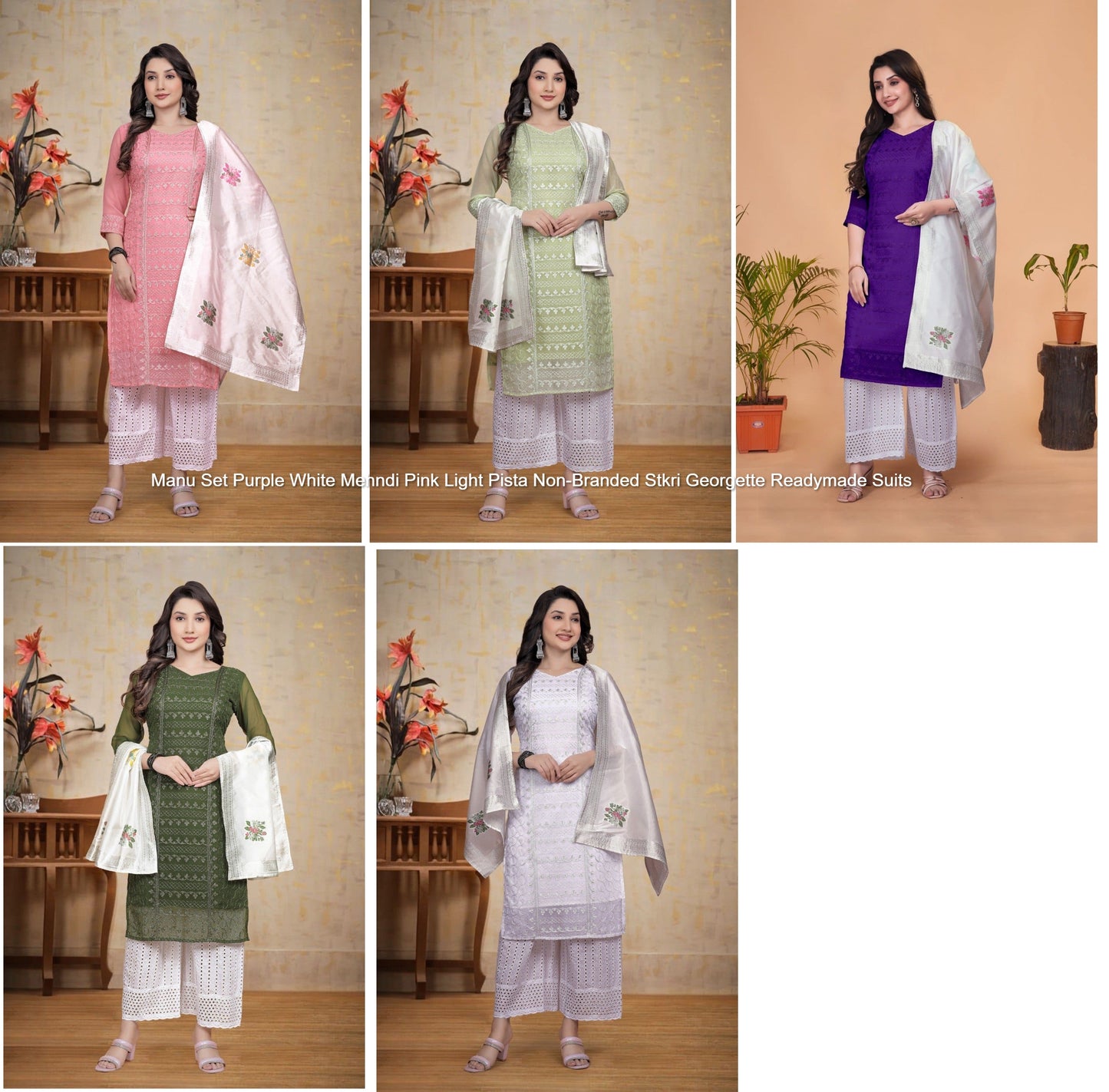 Manu Set Purple White Mehndi Pink Light Pista Non-Branded Stkri Georgette Readymade Suits