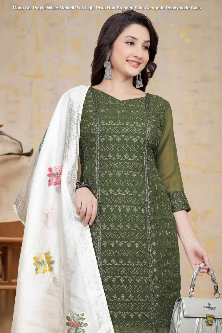 Manu Set Purple White Mehndi Pink Light Pista Non-Branded Stkri Georgette Readymade Suits