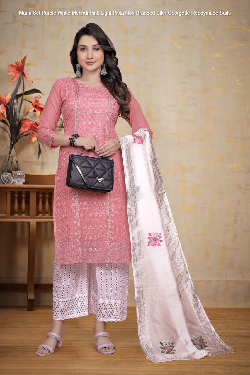 Manu Set Purple White Mehndi Pink Light Pista Non-Branded Stkri Georgette Readymade Suits